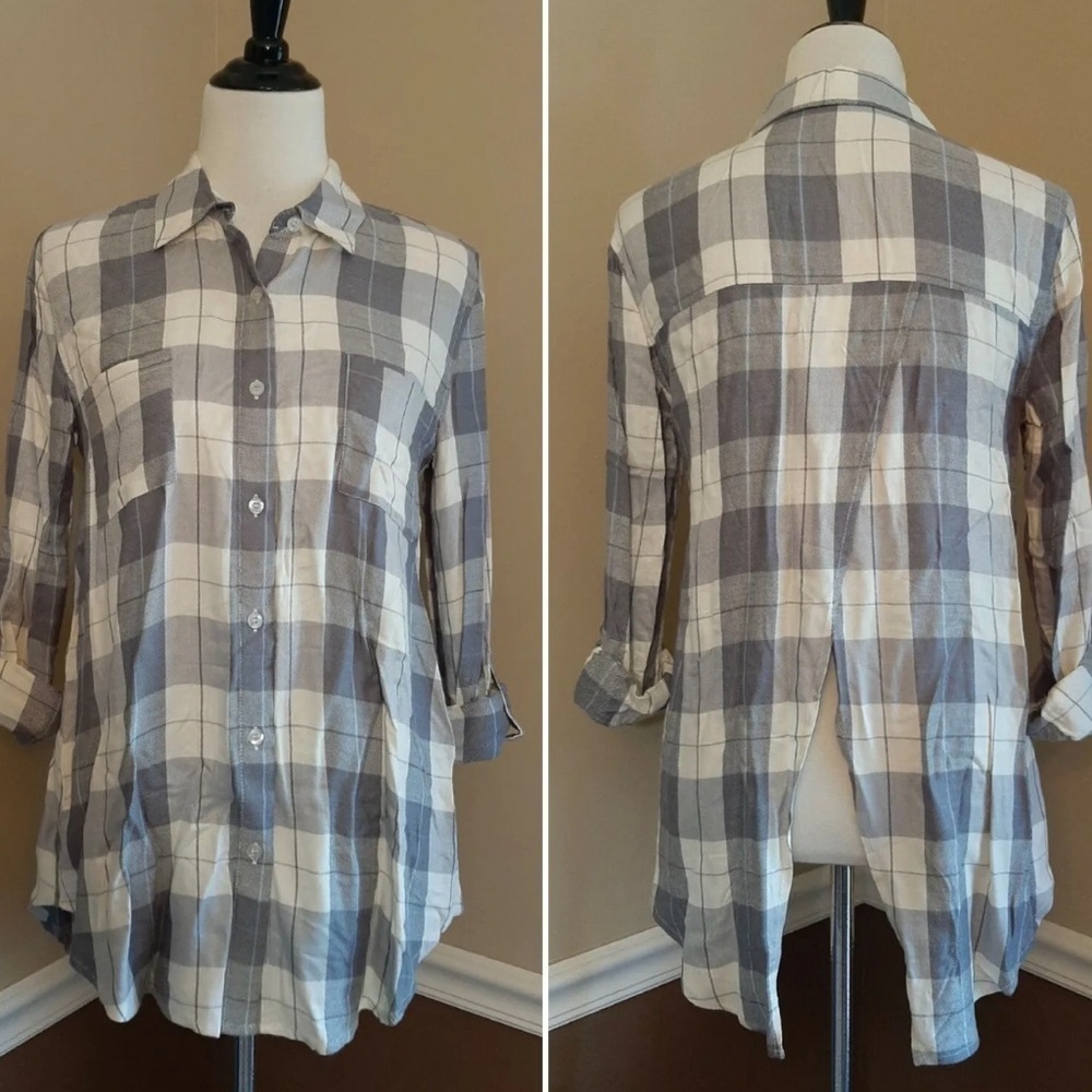 Gray Plaid Top Button Down Open-Back Roll-Tab Sleeves ModCloth Blu Pepper Small